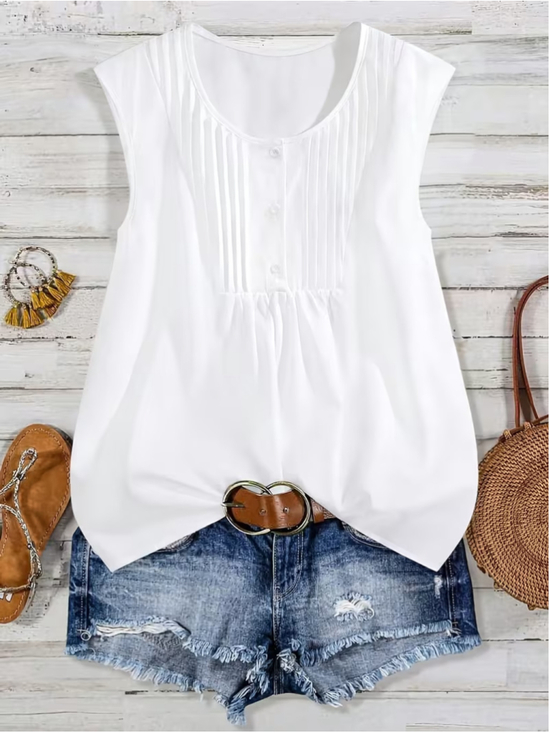 Osadia Tops - Osadia Women's Plus Size 3XL White Sleeveless Blouse Pleated Button Loose Top